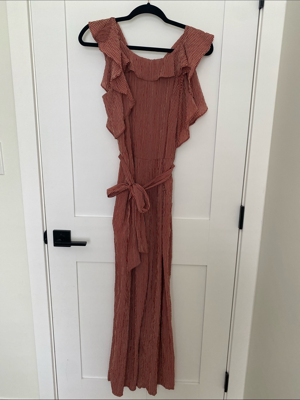 Eva Franco Rust-Striped Ruffle Jumpsuit